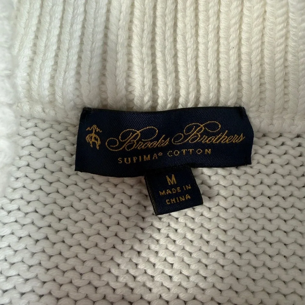 Brooks Brothers Mens Supima Cotton Full Zip Sweater White Shaker Knit Mock Neck